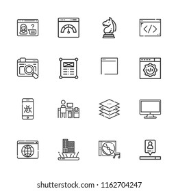 Collection of 16 software outline icons include icons such as browser, computer, web design, search engine, malware, browsers, web development, strategy, augmented reality, cd