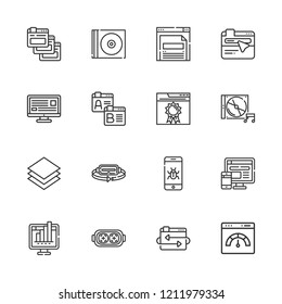 Collection of 16 software outline icons include icons such as computer, browser, malware, browsers, augmented reality, cd