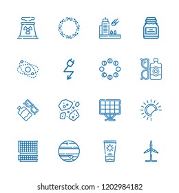 Collection of 16 solar outline icons include icons such as electricity, eolic energy, nuclear plant, asteroid, asteroids, jupiter, moon phases, planet, grid, meteorite