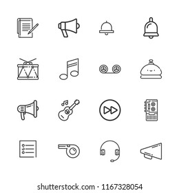 Collection of 16 sound outline icons include icons such as recording, bell, fast forward, notes, guitar, headphones, megaphone, drum, musical note, recorder, whistle, note