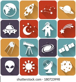 Collection of 16 space and astronomy flat icons. Vector illustration.