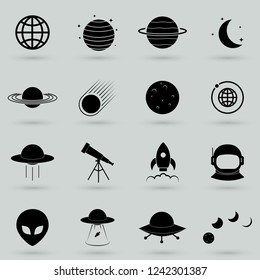 Collection of 16 space and astronomy icons. Vector illustration.