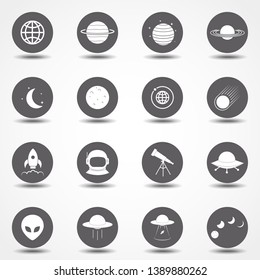 Collection of 16 space and astronomy icons. Vector illustration.