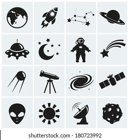 Collection Of 16 Space And Astronomy Icons. Vector Illustration.