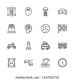 Collection of 16 speed outline icons include icons such as clock, delivery, helicopter, productivity, kitesurfing, motorcycle, racing, skiing, volleyball, hourglass, boat