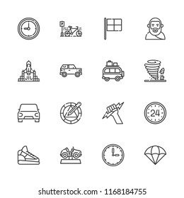 Collection of 16 speed outline icons include icons such as hours, rocket launch, parachute, shoe, car, minivan, clock, racing, wheel, tornado, plato, zeus