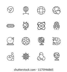 Collection of 16 sphere outline icons include icons such as earth grid, soccer ball, earth globe, atomic, world, planet earth, bowling, globe, chrome logo, virtual reality