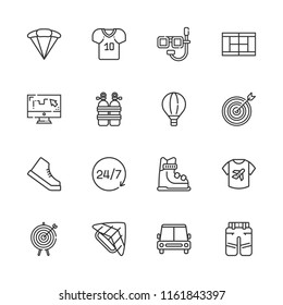 Collection of 16 sport outline icons include icons such as time, car, shoe, football jersey, oxygen tank, pants, parachute, skiing, skydiving, tennis court, target