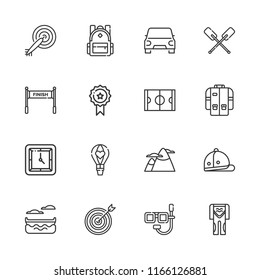 Collection of 16 sport outline icons include icons such as darts, canoe, diving suit, hockey box, jacket, mountain, polo, medal, car, wall clock, target, paddles