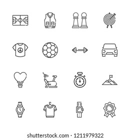 Collection of 16 sport outline icons include icons such as shirt, stopwatch, target, car, medal, mountain, smartwatch, football, football field, watch, pawn, stationary bike