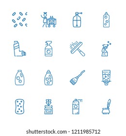 Collection of 16 spray outline icons include icons such as liquid soap, sponge, housekeeping, inhaler, paint spray, dispenser, broom, ink, sprinkles, spray, detergent