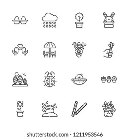 Collection of 16 spring outline icons include icons such as plant, flower, love birds, umbrella, decorative, eggs, chick, ladybug, tree, bouquet, bunny