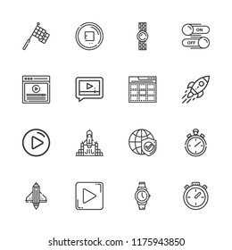 Collection of 16 start outline icons include icons such as rocket launch, startup, video player, play button, chronometer, watch, stop button, web, switch, internet, racing