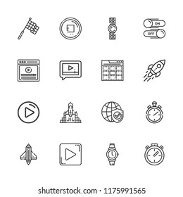 Collection of 16 start outline icons include icons such as rocket launch, startup, video player, play button, chronometer, watch, stop button, web, switch, internet, racing