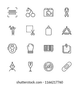 Collection of 16 sticker outline icons include icons such as bar code, coupon, fragile, free wifi, triangle, bandage, birthday boy, ribbon, boxing, glue, no chatting