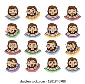 Collection of 16 stickers with funny bearded guy. Different emotions. Vector. Isolated on white.