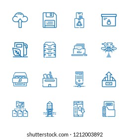 Collection of 16 storage outline icons include icons such as gasoline, upload, floppy disk, cloud computing, box, boxes, filing cabinet, cabinet, folder, reservoir, archive