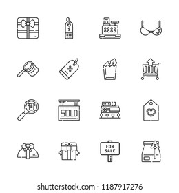 Collection of 16 store outline icons include icons such as for sale, bra, discount, cashier, paper bag, gift, product, bag, cart, supermarket, mall, tag