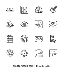 Collection of 16 strategy outline icons include icons such as investment, puzzle, optimization, office, aim, audience, american football, chess board, chess clock, dart