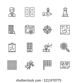 Collection of 16 strategy outline icons include icons such as target, search engine, office, optimization, chess, goal, planning, strategy, investment, employee, tic tac toe