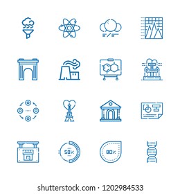 Collection of 16 structure outline icons include icons such as air cleaning, power plant, formula, dna, arch, planning, structure, atom, molecule, percentage, pyramid chart