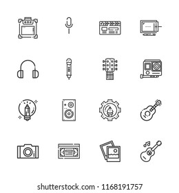 Collection of 16 studio outline icons include icons such as guitar, gopro, photography, microphone, speaker, graphic tablet, music amplifier, graphic design, headphones, photo
