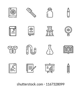 Collection of 16 study outline icons include icons such as pen, book, abc, pencil, beaker, tube, flask, notes, investigation, pads, open book