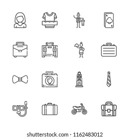 Collection of 16 suit outline icons include icons such as ace, clothes, butler, waitress, briefcase, woman, motorcycle, tie, dive, bow tie