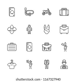 Collection of 16 suit outline icons include icons such as briefcase, ace, suit, waitress, hanger, agent, motorcycle, snorkel