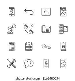 Collection Of 16 Support Outline Icons Include Icons Such As Operator, Question, Repair Tools, Return, Smartphone, Telephone, Lifesaver, Phone, Earphone