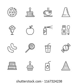 Collection of 16 sweet outline icons include icons such as cone, apple, cookies, juice, birthday cake piece, cake, candy, chocolate, cupcake, ice cream, lollipop, pastry cream