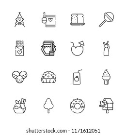 Collection of 16 sweet outline icons include icons such as juice, birthday girl, coconut, chocolate, ice cream, whipped cream, cotton candy, lollipop, birdhouse, pie, candy