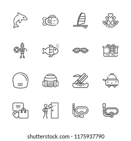 Collection of 16 swimming outline icons include icons such as room service, activity, snorkel, swimming, water skiing, windsurf, swans, dolphin, lifeguard, sport, fish, fishes