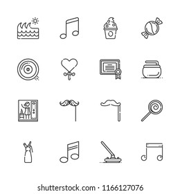 Collection of 16 swirl outline icons include icons such as musical note, candy, lollipop, mustache, curling, wave, music note, certificate, frozen yogurt, steam