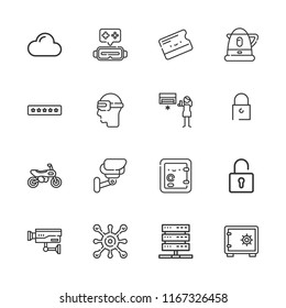 Collection of 16 system outline icons include icons such as safebox, ratings, key card, air conditioning, cctv, water boiler, virus, cloud, padlock, motorcycle, server