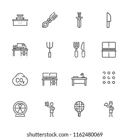 Collection of 16 table outline icons include icons such as desk, roulette, cutlery, waiter, tongs, knife, ping pong, tennis racket, apps, fork