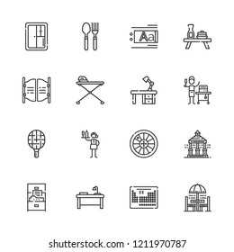 Collection of 16 table outline icons include icons such as desk, roulette, ironing board, waitress, cutlery, tennis racket, cabinet, periodic table, text editor, bar, closet