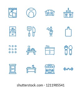 Collection of 16 table outline icons include icons such as desk, waitress, tennis, apps, knife, cabinet, cutting board, bar, chest of drawers, cutlery, meal, table, sofa
