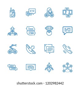 Collection of 16 talk outline icons include icons such as chat, telephone, walkie talkie, phone call, network, robot, speech bubble