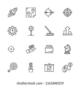 Collection of 16 target outline icons include icons such as growth, darts, time management, startup, aim, pay per click, tactics, archery, curling, strategy, tracker, route