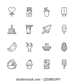 Collection of 16 tasty outline icons include icons such as croissant, birthday cake piece, lollipop, pineapple, chocolate, popsicle, syrup, sorbet, ice cream, sweet