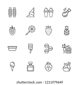 Collection of 16 tasty outline icons include icons such as bowl, strawberry, pineapple, ice cream, whiskey, lollipop, sauce, ice cream cone, macarons, sweet