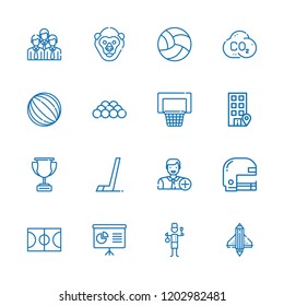 Collection Of 16 Team Outline Icons Include Icons Such As Presentation, Staff, Office, American Football, Basketball Court, Hockey, Volleyball, Employee, Ball, Startup, Co