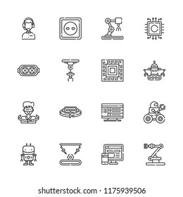 Collection of 16 tech outline icons include icons such as robot, computer, augmented reality, virtual reality, socket, customer service, industrial robot, cpu