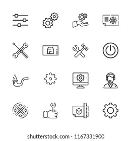 Collection of 16 technical outline icons include icons such as settings, plan, wrench, tools, power button, blueprint, pipe, cogwheel