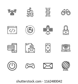 Collection of 16 technology outline icons include icons such as laptop, microscope, dna, envelope, gamepad, power button, drone, satellite, padlock, payment method, binoculars