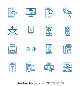 Collection of 16 telephone outline icons include icons such as recording, message, screen, underground, phone, downloading from smartphone, smartphone, portable