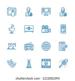 Collection of 16 television outline icons include icons such as television, news, ads, monitor, mobile phone, satellite dish, film, video camera, theatre, antenna, journalist