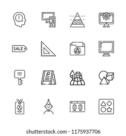 Collection of 16 template outline icons include icons such as exclamation, cityscape, computer, puzzle, press card, birthday boy, tag, folder, keyword, pc, pyramid chart