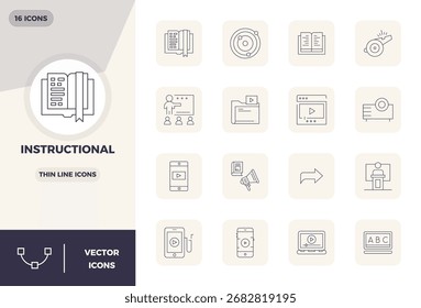 Colección de 16 íconos vectoriales perfectos de Thin Line PIXEL para Instructional, diseñados en formato 128x128 para mayor claridad y versatilidad.
